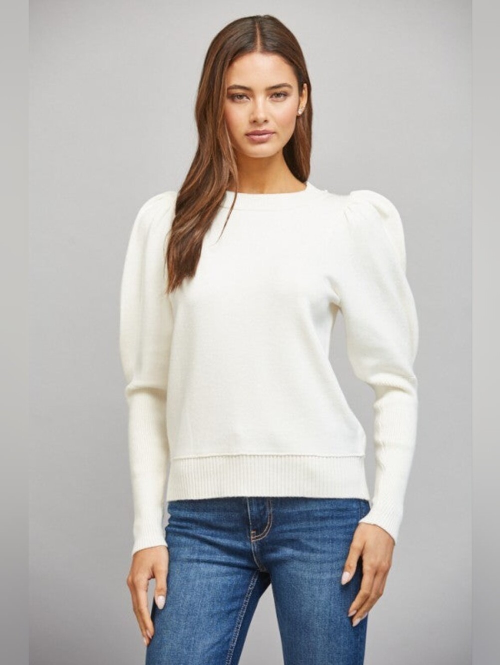 Maeve Cream/Ivory Puff-Shoulder Long Sleeve Crew Sweater Size:Lg